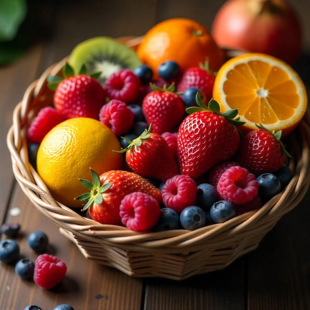 A wicker basket filled with fresh colorful fruits including strawberries, blueberries, raspberries, oranges, and kiwi slices on a wooden table.